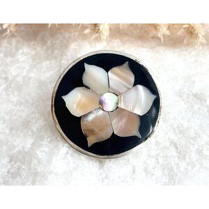 Hecho De Mexico Silver T Mother of Pearl | Abalone Inlaid Floral Vintage Brooch